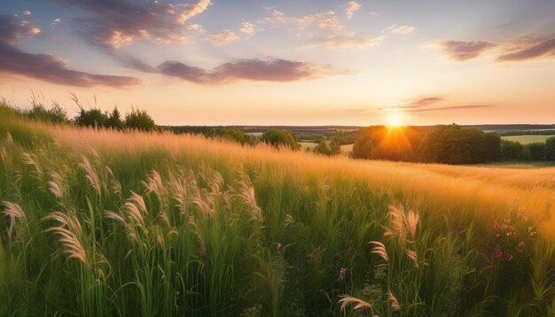 Hermosos paisajes naturales panorámicos de campo Floreciendo hierba alta silvestre en la naturaleza al atardecer cálido