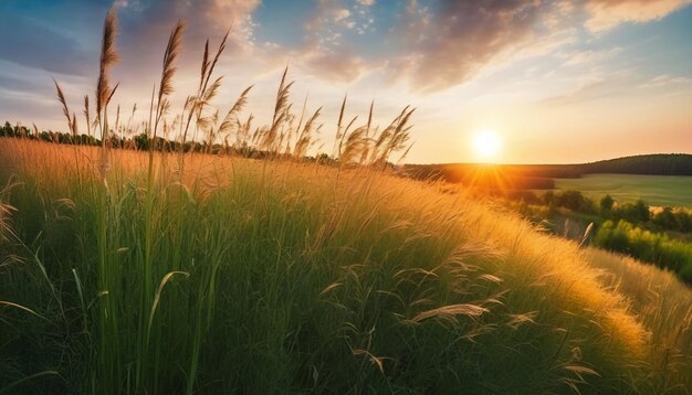 Foto hermosos paisajes naturales panorámicos de campo floreciendo hierba alta silvestre en la naturaleza al atardecer cálido