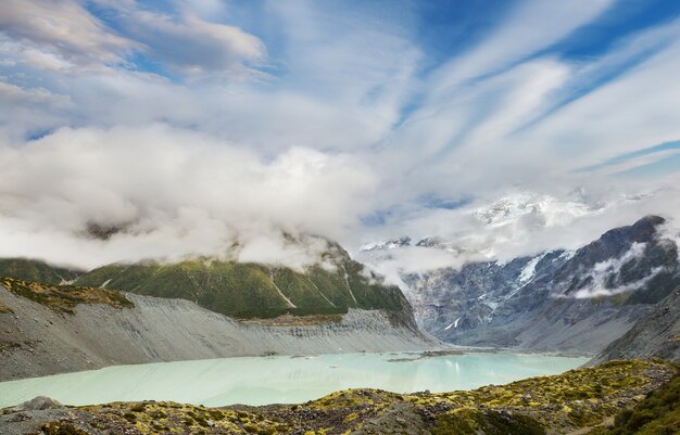 Hermosos paisajes naturales en el Parque Nacional Mount Cook, Isla del Sur, Nueva Zelanda