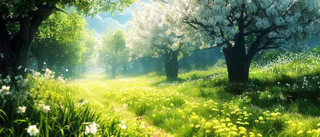 Hermosos paisajes naturales de primavera con árboles en flor prado verdes colinas claros con flores en s