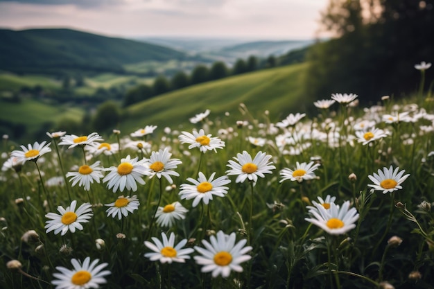 Hermosos paisajes naturales de primavera y verano con campos de margaritas en flor en la hierba en la colina