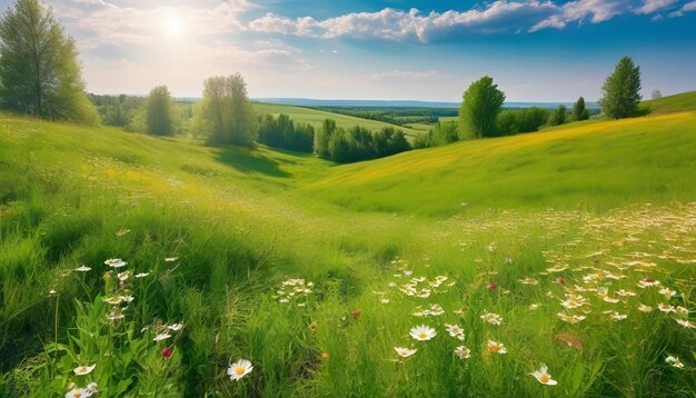 Foto hermosos paisajes naturales de primavera y verano de un prado en flor en una zona montañosa en un día soleado y brillante