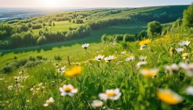 Hermosos paisajes naturales de primavera y verano de un prado en flor en una zona montañosa en un día soleado y brillante