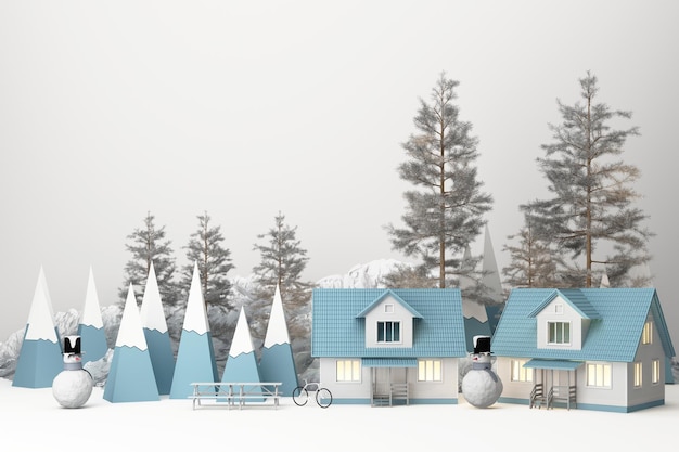 Hermosos paisajes nevados de invierno de Navidad con fondo de montañas y abetos poli bajos con hombre de nieve renderización 3d