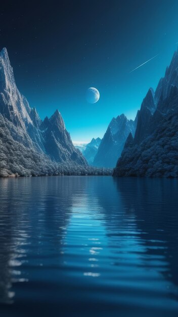 Foto hermosos paisajes nocturnos con un lago en las rocas y estrellas fugaz.