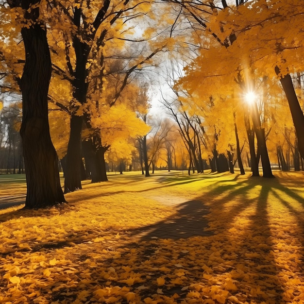 Foto hermosos paisajes de otoño de colores brillantes con una alfombra de hojas amarillas ia generativa