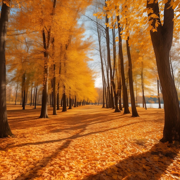 Foto hermosos paisajes de otoño de colores brillantes con una alfombra de hojas amarillas ia generativa