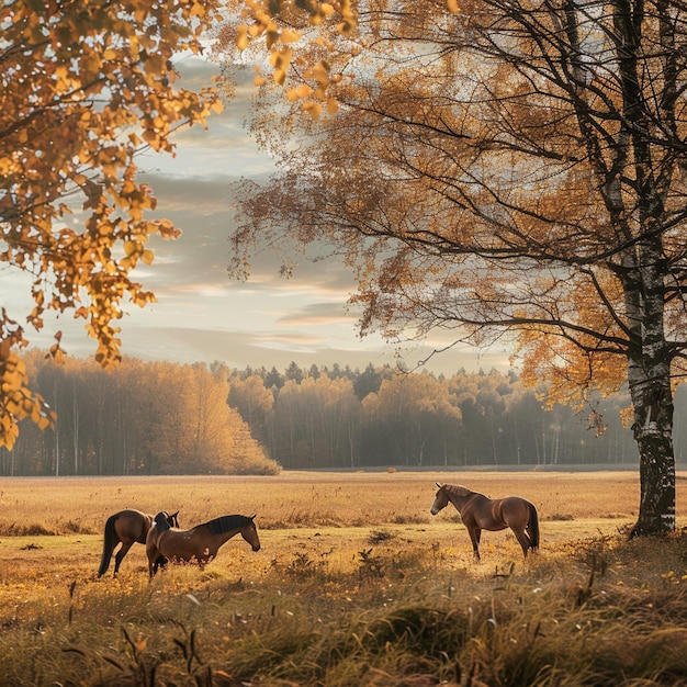 Hermosos paisajes de otoño letones con caballos en un entorno rural