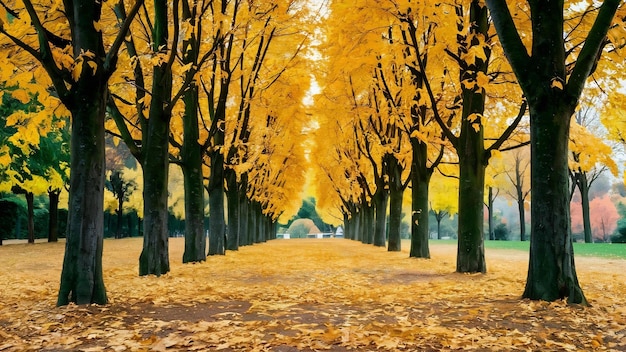 Hermosos paisajes de otoño en el parque con las hojas amarillas caídas en el suelo