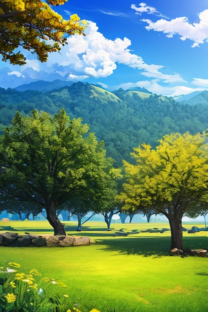 Hermosos paisajes papel tapiz de fondo de dibujos animados estilo cómic al aire libre casa de montaña flores de hierba