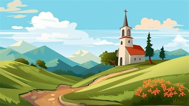 Foto hermosos paisajes rurales con iglesia y prado ilustración vectorial