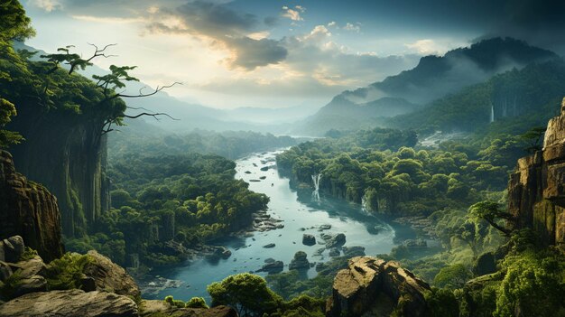 Hermosos paisajes de una selva tropical con río y niebla sobre el árbol