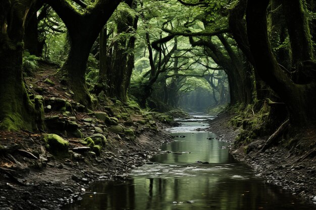 Hermosos paisajes de un sendero en un bosque con árboles cubiertos de helada