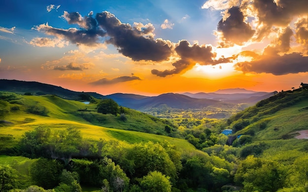 Hermosos paisajes con sol radiante generados por la IA