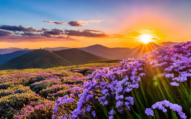 Hermosos paisajes con sol radiante generados por la IA