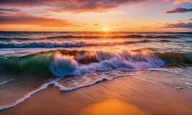 Hermosos paisajes tropicales de puesta de sol arena blanca vista al mar con horizonte colorido crepúsculo cielo calma y relajación