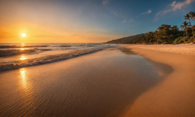 Hermosos paisajes tropicales de puesta de sol arena blanca vista al mar con horizonte colorido crepúsculo cielo calma y relajación