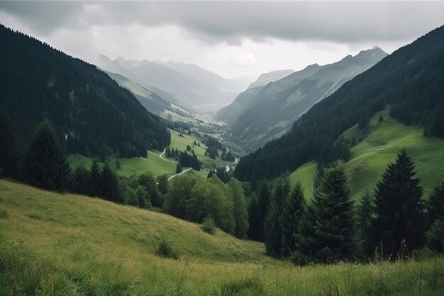 Hermosos paisajes de un valle verde cerca de las montañas alpinas en Austria bajo el cielo nublado