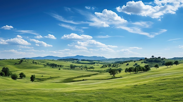 Hermosos paisajes de verano con prados verdes y cielo azul con nubes