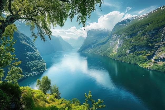 Foto hermosos paisajes de verano viaje en geirangerfjord noruega tour turismo en el paisaje de noruega con