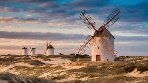 Foto hermosos paisajes de viejos molinos de viento tradicionales en las colinas de arena de apulia en portugal