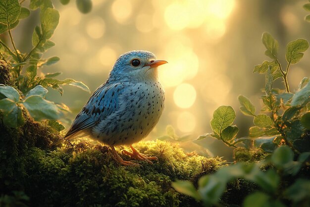 Hermosos pájaros azules posados en ramas de musgo en un bosque iluminado por el sol AI generativa