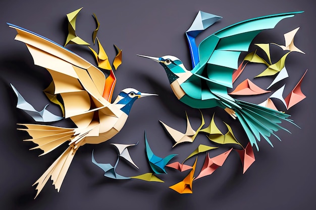 Hermosos pájaros de origami abstractos hechos de collage de papel de arte creado con ai generativo