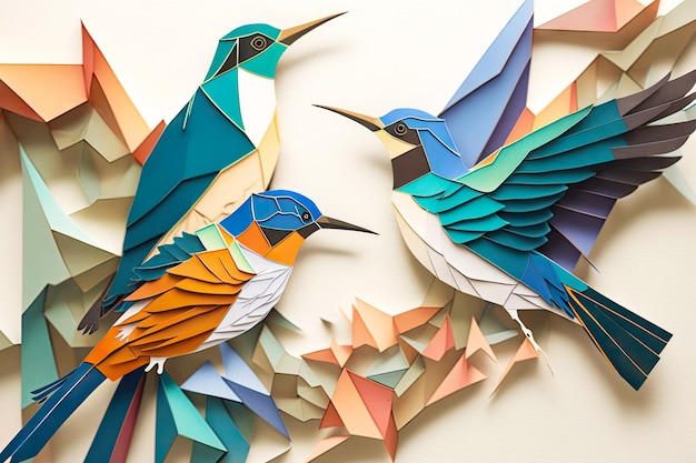 Hermosos pájaros de origami abstractos hechos de collage de papel de arte creado con ai generativo