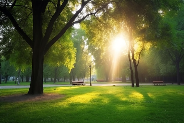 Hermosos parques públicos con césped verde a la luz de la mañana creados con tecnología de IA generativa