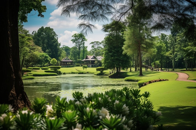 Foto hermosos parques verdes con el lago ang kaew en la universidad de chiang mai