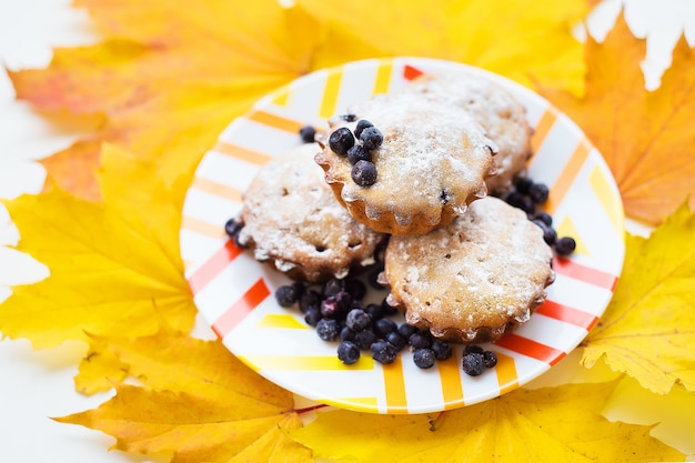 Hermosos pasteles con azúcar en polvo y arándanos