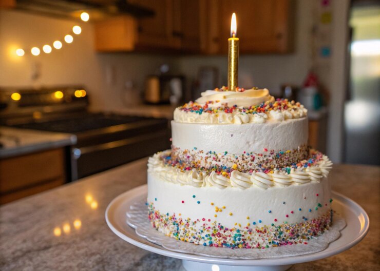 Hermosos pasteles de cumpleaños con salpicaduras de colores y velas encendidas en la acogedora mesa de la cocina