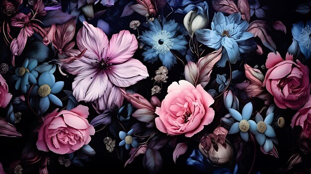 Hermosos patrones de flores en el suelo de horneado negro