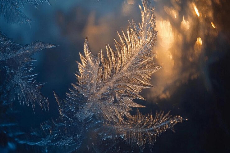 Los hermosos patrones de helada iluminan el vidrio con luz cálida durante la noche de invierno.