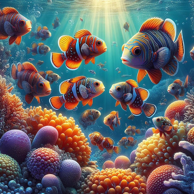 Hermosos peces nadando bajo el agua del mar peces multicolores ai generados