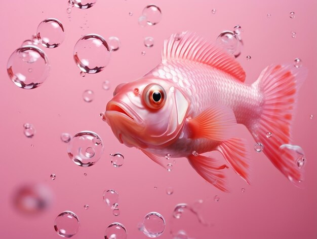 Foto hermosos peces rosados nadando con burbujas de un fondo rosado