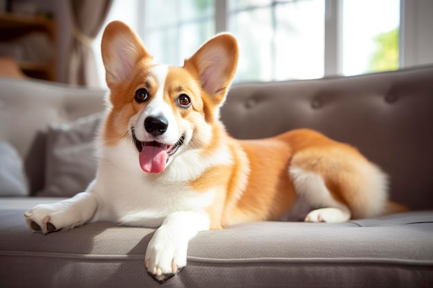 Hermosos perros corgi de pura raza inteligentes y tranquilos tendidos en el sofá en la sala de estar IA generativa