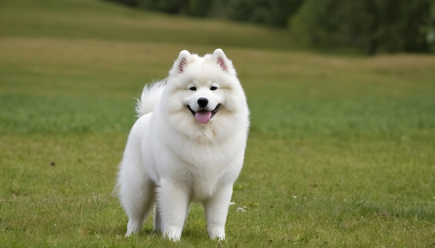 Hermosos perros samoyedos en el prado verde cerca del bosque