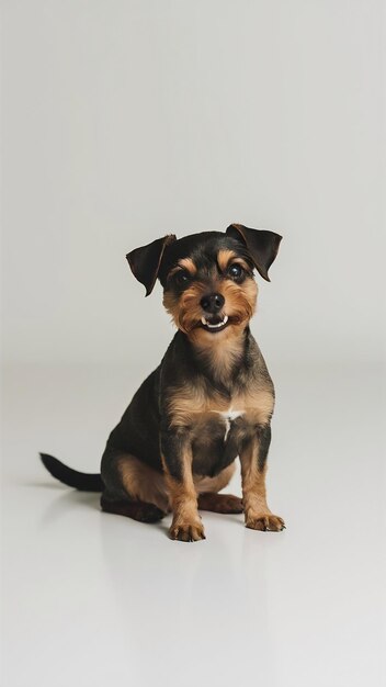 Hermosos perros Zwergpinscher posando tranquilamente sentados aislados en el fondo blanco del estudio