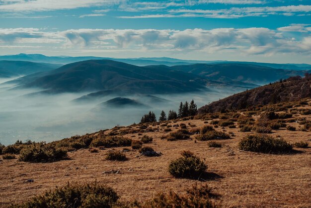 Hermosos picos de montaña en la niebla de la mañana