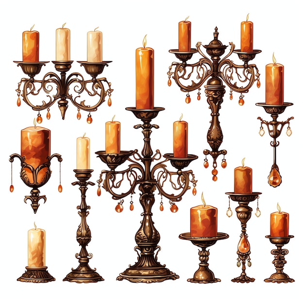 hermosos portavelas y candelabros antiguos Rústico cottagecore acuarela acogedoras imágenes prediseñadas