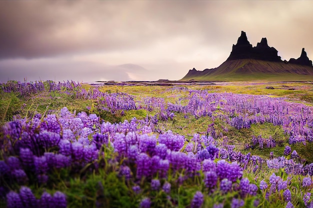 Hermosos prados púrpuras en flor en el territorio de la playa de islandia