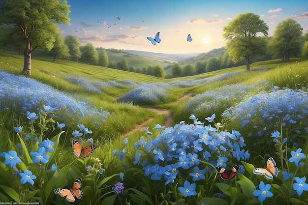 Hermosos prados de verano o primavera con flores azules de olvido y dos mariposas voladoras Paisaje de naturaleza silvestre