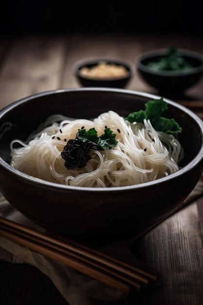 Hermosos primeros planos de deliciosos fideos Konjac en un cuenco hecho con IA generativa