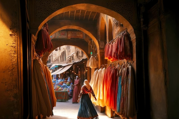 Hermosos puestos con telas altas y vestidos en el antiguo mercado del Medio Oriente