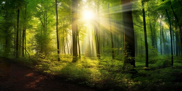 Hermosos rayos de luz solar en un bosque verde IA generativa