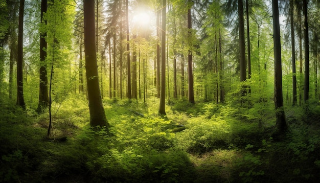 Hermosos rayos de sol en un bosque verde generan ai