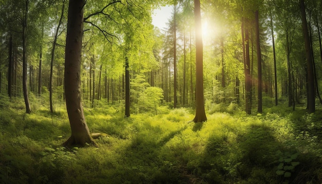 Hermosos rayos de sol en un bosque verde generan ai