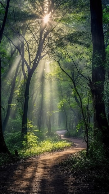 Hermosos rayos de sol en un bosque verde