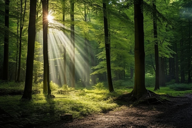 Hermosos rayos de sol en un bosque verde